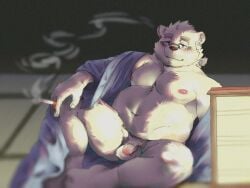 aijo_aijo_qaq anthro balls bear belly blush cigarette clothed clothing eyewear flaccid fur genitals glasses hi_res leib_(tokyo_afterschool_summoners) lifewonders male mammal musclegut navel nipples partially_clothed pecs penis polar_bear smoking solo tokyo_afterschool_summoners ursine white_body white_fur