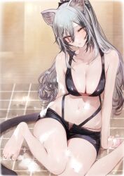 1girls animal_ear_fluff animal_ears arknights bare_legs bare_shoulders barefoot big_breasts bikini blush bra breasts cat_ears cat_tail catgirl cleavage female grey_hair kemonomimi light-skinned_female light_skin long_hair looking_at_viewer neko_no_yochu schwarz_(arknights) sitting solo tail very_long_hair yellow_eyes