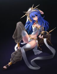 1girls alternate_costume bare_thighs blue_eyes blue_hair braid breasts cosplay female female_only fire_emblem fire_emblem_awakening fraudulenttaco long_hair looking_at_viewer lucina_(fire_emblem) nintendo olivia_(fire_emblem)_(cosplay) panties see-through small_breasts solo symbol-shaped_pupils thighhighs thighs underwear white_panties