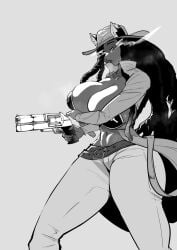 1girls animal_ears big_breasts bikini bikini_top breasts cowboy_hat dark-skinned_female dark_skin greyscale gun huge_breasts large_breasts long_hair milf monochrome revolver sakiyume11 sierra_the_hellhound solo solo_female solo_focus thick thick_thighs thighs wolf_ears wolf_tail