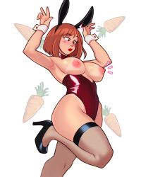 1girls 2023 armpits big_breasts bowtie breasts breasts_out bunny_costume bunny_ear bunny_ears bunny_girl bunnygirl bunnysuit carrot cuffs_(clothing) female female_focus female_only hands_up high_heels jakuson_z lipstick my_hero_academia navel_visible_through_clothes nipples ochako_uraraka raised_eyebrow red_lipstick source_request tan_lines thick_thighs thighs white_background