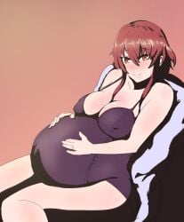 1girls cleavage covered_nipples female female_only fire_emblem fire_emblem:_mystery_of_the_emblem fire_emblem:_shadow_dragon_and_the_blade_of_light kata_(artist) large_breasts medium_hair minerva_(fire_emblem) nightgown nintendo pregnant red_eyes red_hair ring sitting smile solo wedding_ring wife