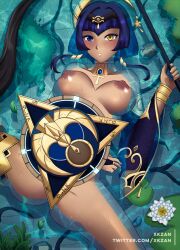 bare_shoulders blue_eyes blue_hair blush bracer breasts breasts_apart brooch candace_(genshin_impact) collarbone completely_nude dark-skinned_female dark_skin diadem egyptian elbow_gloves expressionless eye_of_horus female flower foot_out_of_frame genshin_impact gloves gold_trim hair_intakes hair_ornament hair_over_shoulder hairband headwear_request heterochromia highres holding holding_polearm holding_shield holding_weapon in_water jewelry lance large_breasts leaf lily_pad lotus lotus_leaf lying midriff nail_polish navel neck_ring nipples nude outdoors parted_lips partially_submerged pelvic_curtain plant polearm purple_hair shield short_hair sidelocks solo spread_legs stomach sweat thighlet thighs tree twitter_username vegetation water weapon wet white_flower xkzan yellow_eyes