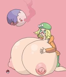 1girls bianca_(pokemon) big_breasts blonde_hair blush breast_expansion breasts breasts_bigger_than_body breasts_bigger_than_torso elfdrago female game_freak glasses hair hand_on_breast holding_breast huge_breasts hyper hyper_breasts lowres musharna nintendo nipples pink_background pixel_art pokémon_(species) pokeball pokemon pokemon_bw2 simple_background worried_expression