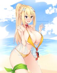 1girls alternate_costume armpits barely_clothed beach big_breasts bikini blonde_hair blue_eyes blue_sky blush braid breasts choker crab darkness_(konosuba) depth_of_field embarrassed female female_only flower gold_bikini gs_(onsen_syndicate) hair_between_eyes hair_flower hair_ornament huge_breasts kono_subarashii_sekai_ni_shukufuku_wo! large_breasts long_hair navel ocean onsen_syndicate open_mouth ponytail red_choker see-through shiny_skin sideboob sky small_bikini solo stomach string_bikini swimsuit thick_thighs underboob very_long_hair x_hair_ornament yellow_bikini