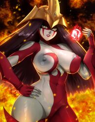 1girls asymmetrical_clothes black_hair bodysuit elemental_hero_burstinatrix eremassu gray_nipples grey_skin long_hair looking_at_viewer one_breast_out superheroine yu-gi-oh! yu-gi-oh!_gx