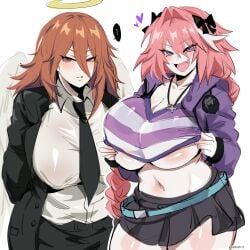 2girls angel_devil_(chainsaw_man) astolfo_(fate) breasts chainsaw_man clothed crossover fate/apocrypha fate/grand_order fate_(series) female genderswap_(mtf) halo hips huge_breasts kurenaiz1 light-skinned_female light_skin long_hair naughty_face nipples_visible_through_clothing pink_hair purple_eyes red_eyes red_hair rule_63 short_skirt skirt thick_thighs thighs underboob wide_hips wings