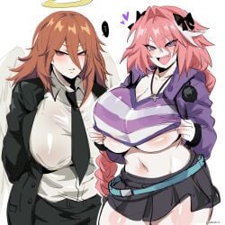 2girls angel_devil_(chainsaw_man) astolfo_(fate) breasts chainsaw_man clothed crossover fate/apocrypha fate/grand_order fate_(series) female genderswap_(mtf) halo hips huge_breasts kurenaiz1 light-skinned_female light_skin long_hair multiple_girls naughty_face nipples_visible_through_clothing pink_hair purple_eyes red_eyes red_hair rule_63 short_skirt skirt thick_thighs thighs underboob wide_hips wings