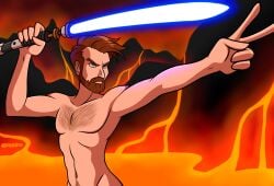 1boy 1male abs bara beard biceps blue_eyes completely_nude darthguyford facial_hair gay hairy hairy_chest hi_res highres lightsaber_hilt male male_focus male_only male_pubic_hair muscles muscular muscular_arms muscular_male nude obi-wan_kenobi solo solo_male star_wars