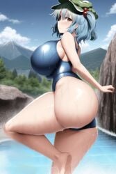 1girls accessory ai_generated arms ass ass_focus back_view bath bathing big_ass big_breasts big_butt blue_hair breasts brown_eyes closed_mouth closed_smile clothed clothing cloud clouds curvy curvy_body curvy_female curvy_figure curvy_hips dat_ass engineer female female_focus female_only forest from_behind green_hat hair hair_ornament hand_on_hair hat headwear heavenly_ass high_resolution highres huge_ass huge_butt humanoid kappa leg_up light-skinned light-skinned_female light_skin looking_at_viewer looking_back mountain nitori_kawashiro one-piece_swimsuit open_eyes shiny_clothes short_hair side_view sideboob sky smile smiling smiling_at_viewer swimsuit team_shanghai_alice thick thick_ass touhou tree twintails water wet wet_body wet_clothes wet_clothing wet_skin wetting