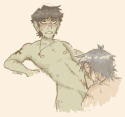 2d_(gorillaz) black_hair blue_hair blush fellatio gay gorillaz green_eyes green_skin male_only murdoc_niccals oral tattooed_arm yaoi