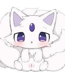 amber_(makemon) asian_mythology azuo blush canid canine east_asian_mythology female feral fox fur genitals hi_res japanese_mythology makemon mammal multi_tail mythology plump_labia presenting presenting_pussy purple_eyes pussy simple_background solo tail white_background white_body white_fur yokai