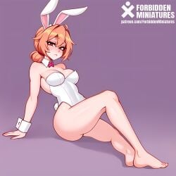 ai_generated blonde_hair bowtie breasts bunny bunny_costume bunny_ear bunny_ears bunny_girl bunny_tail bunnygirl bunnysuit character concept concept_art feet forbiddenminiatures leotard looking_at_viewer patreon patreon_reward playboy_bunny sad self_upload thighs