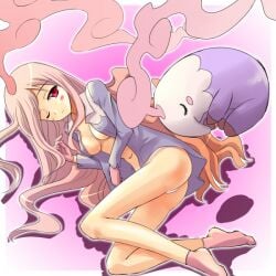 1girls blush breasts dream feet half_naked long_hair lowres lying_on_side musharna one_eye_closed open_clothes pink_background pink_hair pokémon_(species) pokemon skinny socks tenjou_ryuka