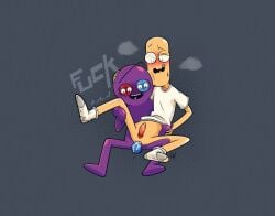 alien alien_genitalia anal cartoony cum cum_in_ass cum_in_pussy featureless_feet gay leaking_cum male male/male male_only purple_body shirt socks sweat the_chairorpian_(trover_saves_the_universe) trover_phillips trover_saves_the_universe xnv69 yellow_body