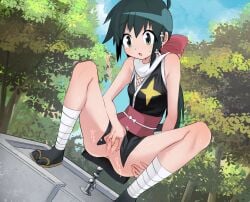 ahoge ankle_wrap anus azumaya_koyuki black_hair blue_sky bow cleft_of_venus day dutch_angle female female_masturbation fingering fingering_self fishnets fountain green_eyes hairbow highres japanese_clothes keroro_gunsou masturbation ninja no_panties open_mouth outdoors pink_bow pokeeti ponytail public_indecency pussy sandals sash sky sleeveless small_breasts socks solo squatting uncensored