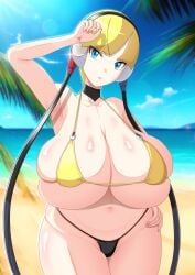 1girls big_breasts bikini bikini_bottom bikini_top black_bikini_bottom blonde_hair blue_eyes bottomwear breast_focus breasts cleavage curvy elesa_(pokemon) female female_only game_freak hair hand_on_hip hourglass_figure huge_breasts large_breasts nails narrow_shoulders pokemon pokemon_bw s.forest skimpy solo solo_female string_bikini swimwear thick_thighs thighs thin_arms topwear twintails wide_hips yellow_bikini_top