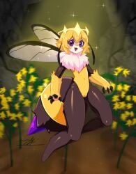 1girls anthro bee blonde_hair bottomless crown denva9 flying looking_at_viewer monster_girl nude open_mouth outside presenting purple_eyes pussy queen_poisonous_honeybee short_hair smile solo solo_farming_in_the_tower standing thick_thighs