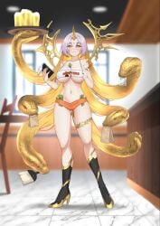 1girls alcohol alternate_costume bare_legs beer between_breasts blonde_hair boots cleavage colored_inner_hair female female_only fire_emblem fire_emblem_heroes gullveig_(fire_emblem) high_heels hooters huge_breasts indoors legs long_hair money multicolored_hair nintendo oppaihobby revealing_clothes shorts smile snake snake_hair solo tank_top underboob very_long_hair waitress yellow_eyes