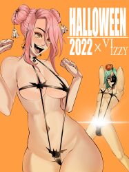 black_jewelry choker cleavage couple fangs ghost hair_bun hair_ornament halloween humor izzy_(kinjero) kinjero large_breasts lingerie long_hair looking_at_viewer original original_characters pink_hair pumpkin simple_background smile teal_hair upside_down_cross vampire vi_(kinjero)