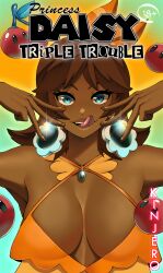 1girls bimbo blackwashed blue_eyes cleavage cleavage_cutout dark-skinned_female dark_skin doujin_cover doujinshi female female_only kinjero licking_lips mario_(series) mario_kart mario_kart_tour nintendo princess_daisy race_swap shiny solo super_mario_3d_world swimsuit text tongue_out