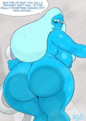 1girls against_glass aspirantpill ass ass_against_glass ass_focus big_ass big_breasts blue_body blue_diamond_(steven_universe) blue_skin breasts cartoon_network female female_only from_behind half-closed_eyes huge_ass huge_breasts long_hair looking_back looking_down nude nude_female pinup shower sideboob solo_female steven_universe text wet