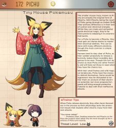 2023 blonde_hair clothed_female creature_index duo english_text front_view generation_2_pokemon hi_res human japanese_clothes kimono kinkymation long_hair looking_at_viewer monster_girl nintendo page_170 page_number pichu pokémon_(species) pokemon pokemorph pokemusu profile signature standing text_box very_long_hair