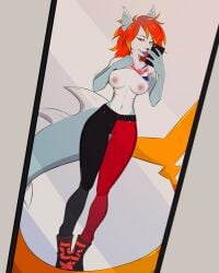 anthro blue_body blue_skin boots bottomwear breasts clothing female fin fish footwear gills hair hi_res liy-p long_tail marine mirror mirror_selfie orange_hair pants red_hair selfie shark shark_tail sharp_teeth simple_background slim solo solo_focus tail teeth tongue tongue_out wide_hips yellow_eyes yellow_tail