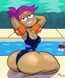 1boy 1girls ameizing_lewds armpits ass big_ass big_breasts big_butt cartoon_network cleavage enid eyebrows fat_ass female hands_behind_head huge_ass k.o._(ok_k.o.!_let's_be_heroes) large_ass large_breasts looking_at_viewer looking_back magenta_hair male ok_k.o.!_let's_be_heroes one_piece_swimsuit ponytail pool shiny_skin short_hair swimsuit thick_ass thick_thighs thighs tight_clothing wide_hips