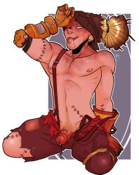 alternate_costume drooling gay hayseed_junkrat junkrat male_urethral_insertion nipples overwatch sounding torn_clothes urethral_beads urethral_insertion