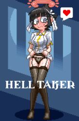 2d 2d_(artwork) angel angel_girl azazel_(helltaker) black_hair black_panties blue_eyes breasts exposed_panties female helltaker panties skirt_lift skirt_lifted_by_self tagme