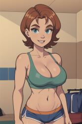 1girls ai_generated belly_button big_breasts blue_clothes blue_clothing blue_eyes blue_shorts breasts brown_hair cleavage disney dolphin_shorts female female_only gym_bottomwear gym_shorts gym_storeroom gym_uniform human indoors irma_lair jetix jpeg large_breasts micro_shorts microshorts minishorts short_hair smiles solo sports_bra w.i.t.c.h.
