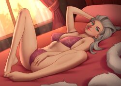 1girls blue_eyes bra breasts clothing deilan12 female long_hair matching_underwear nintendo panties pokemon pokemon_sv professor_sada_(pokemon) purple_bra purple_panties smile solo spread_legs