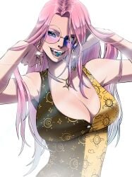 1girls arms_up button_down_shirt candy cleavage fangs gold_jewelry hands_in_hair kinjero large_breasts lollipop long_hair original pink_hair shiny sunglasses vampire vi_(kinjero) white_background yellow_eyes