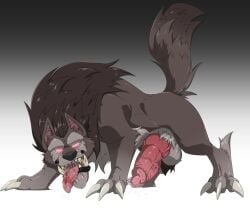 2d 2d_(artwork) animal_genitalia big_penis brown_fur brown_hair canid canine canine_genitalia canine_penis feral feral_only fluffy_tail game gradient_background horny knot knotted_penis lustful_desires male male_only narram official_art pointy_teeth precum precum_drip red_eyes saliva saliva_drip screenshot sharp_claws sharp_teeth sheath tusks wolf wolf_ears wolf_tail