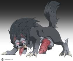 2d 2d_(artwork) animal_genitalia big_balls big_knot big_penis canid canine canine_genitalia canine_penis feral feral_only fluffy_tail game gradient_background grey_fur grey_hair knot knotted_penis lustful_desires male male_only narram official_art pointy_teeth precum precum_drip red_eyes saliva screenshot sharp_claws sharp_teeth sheath tongue tongue_out tusks wolf wolf_ears wolf_tail