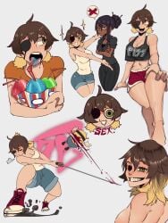 2girls bisected blonde_hair blood brown_hair chibi cleavage collage crop_top cropped_tank_top dark-skinned_female dark_skin death drooling emma_(kinjero) english_text eyepatch gore green_eyes gym_shorts hair_down hand_on_knee holding_object humor icee katana kinjero large_breasts light-skinned_female light_skin looking_at_viewer looking_back minion minions_(film) missing_eye multiple_girls nude original original_character original_characters short_sleeves shorts simple_background smile smiling_at_viewer sneakers speech_bubble tank_top tongue tongue_out topless twintails two_tone_hair