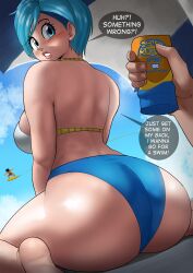 1girls 2boys ass beach beach_umbrella big_ass big_butt bikini blue_eyes blue_hair bulma bulma_(dragon_ball) bulma_briefs dragon_ball dragon_ball_super echosaber english_text fat_ass fat_breasts female flat_belly huge_ass imminent_sex large_breasts milf offscreen_character offscreen_male short_hair son_goku sunscreen swimsuit tagme tagme_(character) thick_thighs umbrella