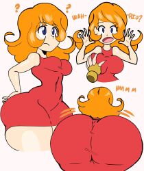 blonde_hair breast_grab bursting_butt butt_focus grabbing_boob groping groping_breasts large_ass mona_(warioware) orange_hair perky_breasts red_dress shingattai thick_thighs voluptuous_female wide_hips