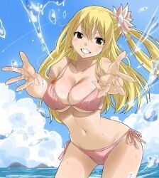 1girls bikini blonde_hair brown_eyes fairy_tail flower_in_hair gaston18 huge_breasts long_hair lucy_heartfilia ocean seaside standing_in_water voluptuous