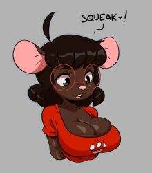 1girls big_breasts breasts brown_hair clothed clothing copyright_request cute dark-skinned_female dark_skin female glasses gwen_martin joaoppereiraus mario_(series) mouse mouse_girl rat shortstack simple_background solo solo_female super_mushroom text