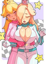 2girls belt biker_clothes bikesuit blonde_hair blue_eyes blush bodysuit breasts cleavage closed_eyes gloves long_hair mario_(series) mario_kart nintendo one_eye_obstructed princess_peach princess_rosalina scarf skin_tight tight_clothing toxichica unzipped unzipped_bodysuit yuri zipper