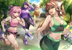 4girls belly belly_button big_breasts blue_eyes bow bow_in_hair breasts brown_hair child_bearing_hips cleavage clothed curvaceous curves curvy curvy_body curvy_female curvy_figure curvy_hips doki_doki_literature_club english_text female female_only fully_clothed green_eyes hair_ornament hips jogging jogging_pants large_breasts light-skinned_female light_skin midriff monika_(doki_doki_literature_club) multiple_females multiple_girls natsuki_(doki_doki_literature_club) pink_eyes pink_hair potetos7 purple_eyes purple_hair revealing_clothes running sayori_(doki_doki_literature_club) shorts skirt smile smiling sport sports sports_bra sportswear tagme team_salvato text thick thick_thighs thighs tight_clothes tight_clothing tight_fit tummy water water_bottle wide_hips yuri_(doki_doki_literature_club)