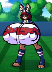 anthro baseball_cap baseball_field baseball_uniform big_breasts bottomwear breasts brown_hair clothing countershading female footwear fur green_eyes hair hat headgear headwear huge_breasts hyper hyper_breasts jersey lagomorph leporid mammal nipple_outline outside ponytail rabbit shorts socks solo sportswear sprucy tan_body tan_countershading tan_fur uniform