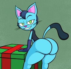 bedroom_eyes big_ass blue_skin cat_girl christmas_present feline green_eyes gummybear_and_friends kala_(gummybear_and_friends) looking_at_viewer the_yummy_gummy_search_for_santa