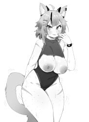 big_breasts blush bodysuit cat_ears cat_tail catgirl freckles indie_virtual_youtuber looking_at_viewer manga momomischief sweat thick_thighs torn_clothes virtual_youtuber