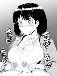 1boy 1girls akane-banashi akane_osaki alternate_breast_size big_breasts black_hair bouncing_breasts breasts breasts_out clothed_sex cum cum_between_breasts cum_on_breasts dada_(xhmv8527) ejaculation_between_breasts grayscale hands_on_breasts huge_breasts large_breasts medium_hair monochrome nipples paizuri paizuri_lead_by_female paizuri_on_lap penis_between_breasts sex straight