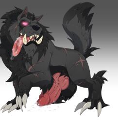 1male 2d 2d_(artwork) 3_claws 3_toes animal_genitalia black_fur black_hair boss_monster canid canine canine_penis feral feral_only game knot knotted_penis lustful_desires male male_only narram pointy_teeth precum precum_drip red_eyes scar scarred scarred_body scars scars_all_over screenshot sharp_claws sharp_teeth wolf wolf_ears wolf_tail