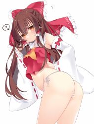 1girls ? ascot ass bow breasts brown_eyes brown_hair collar frilled_collar frilled_hair_tubes frilled_panties frilled_sleeves frills from_behind g-string hair_between_eyes hair_tubes hairbow hakurei_reimu long_hair looking_at_viewer medium_breasts navel no_pants nontraditional_miko panties red_shirt reimu_hakurei shirt side-tie_panties sidelocks simple_background thighs thong tosakaoil touhou underwear white_background white_panties