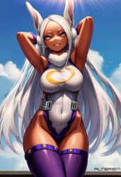 1girls ai_generated alterism big_breasts bunny_ears bunny_girl busty dark-skinned_female dark_skin hero_outfit_(mha) highleg_leotard hourglass_figure legwear leotard long_hair miruko my_hero_academia outdoors red_eyes rumi_usagiyama solo stable_diffusion thick_thighs thighhighs tight_clothing white_gloves white_hair